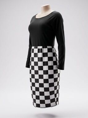 Black Top with Black & White Checker Pencil Skirt Dress